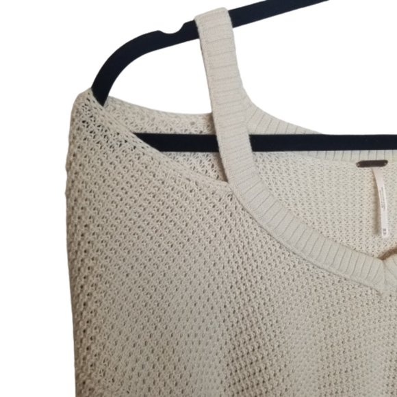 Free People Womens XS Cream Pullover Sweater Cold Shoulder Sleeves Open Knit - Picture 6 of 9